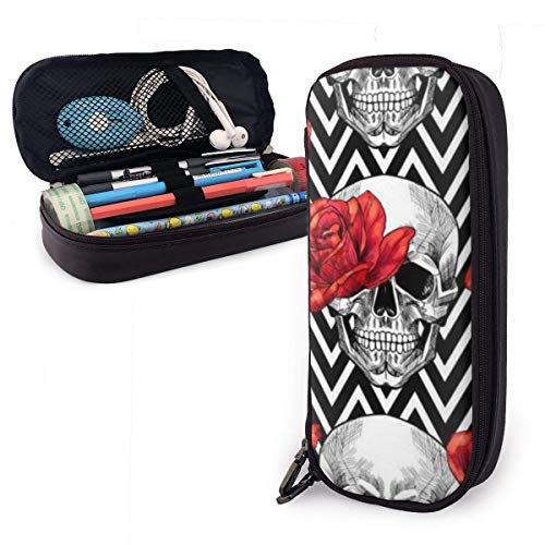 Pen Bag,Cabeza De Calavera Con Estuche De Lápices De Rosa Roja, Impresionantes Bolsas De Maquillaje Cosmético Para El Empresario De Office College,20x9x4cm