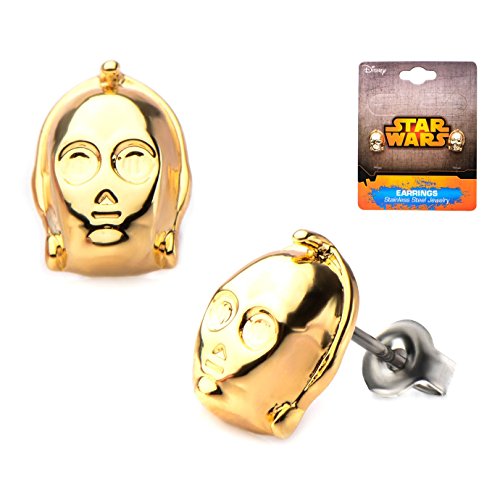 Pendientes de Cara C3PO Acero Inoxidable Oficial Gold IP Star Wars 3D