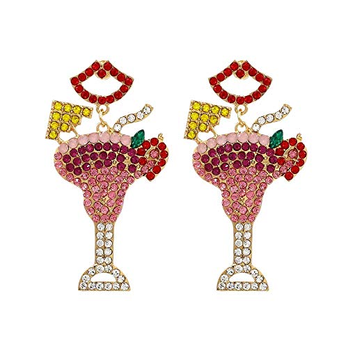 Pendientes de cóctel con incrustaciones de diamantes, para bebidas frías, para bebidas frías, pendientes de corte de labios rojos.