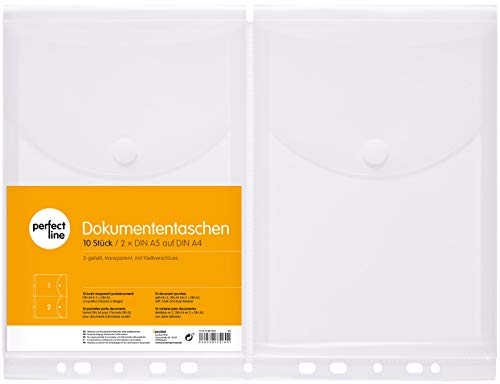 perfect line 10 documentos DIN A5 en A4, altura de llenado 20 mm, claras y transparentes, folletos con tapa, cierre de adhesivo y borde de encuadernado, lámina de recogida dividida en 2 compartimentos