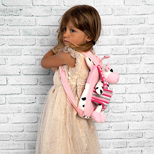 PERLETTI Mochila Infantil Pequeña de Vaca de Peluche - Bolso para Niños Niñas 2/5 Años con Muñeco Extraíble para Escuela Guarderia Viaje - Bolsa Escolar Reversible - 22x25x3 cm (Vaca)