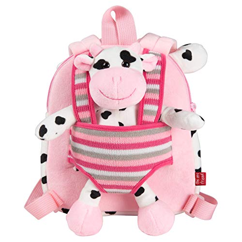 PERLETTI Mochila Infantil Pequeña de Vaca de Peluche - Bolso para Niños Niñas 2/5 Años con Muñeco Extraíble para Escuela Guarderia Viaje - Bolsa Escolar Reversible - 22x25x3 cm (Vaca)
