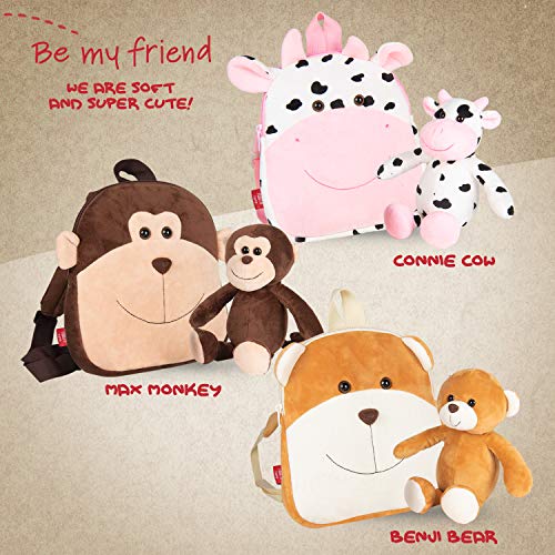 PERLETTI Mochila Infantil Pequeña de Vaca de Peluche - Bolso para Niños Niñas 2/5 Años con Muñeco Extraíble para Escuela Guarderia Viaje - Bolsa Escolar Reversible - 22x25x3 cm (Vaca)