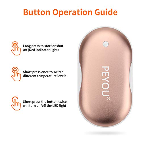PEYOU Calentador de Manos USB Recargable, 5200mAh Banco de Energía Portátil con Luz LED Función de Iluminación, Calentador de Bolsillo para Mujeres - Regalo para Familia, Amigos