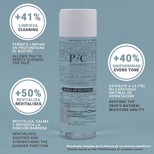 PFC Cosmetic Agua Micelar Limpiadora Líquido Facial Puro y Natural Hydrasense Micelar Solution 200ml Concentrado de Hamamelis Water Camomila Extracto de Pepino para Higiene y Cuidado Personal.