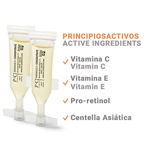 PFC Cosmetic Ampollas de Vitamina C Radiance C+ Concentrate 10 unidades de 5ml Concentrado de Vitaminas C+ 10% E A Combinación de Activos Pro-Retinol y Centella Asiática para Cuidado Facial y Piel.