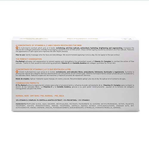 PFC Cosmetic Ampollas de Vitamina C Radiance C+ Concentrate 10 unidades de 5ml Concentrado de Vitaminas C+ 10% E A Combinación de Activos Pro-Retinol y Centella Asiática para Cuidado Facial y Piel.