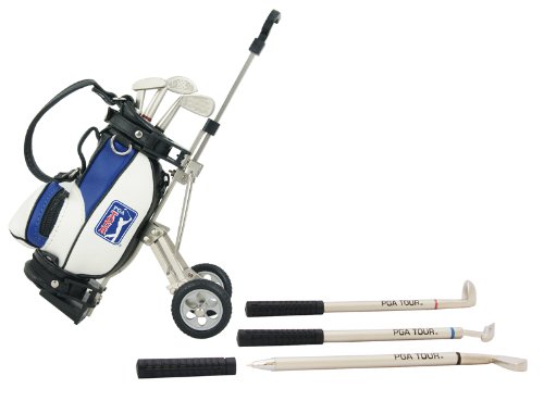 PGA Tour Gadget Desktop Golftasche Und Kugelschreiber Geschenkset Portabolígrafos en Forma de Bolsa de golfy Set de bolígrafos en Estuche de Regalo, Unisex, Plateado, Blanco, Azul