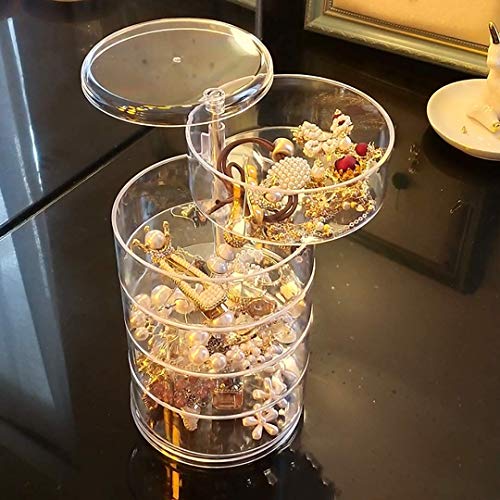 Phcom Jewelry Box Organizer with 4 Levels, Small Portable Cylindrical Jewelry Box with Lid, 360 Degrees rotatable Jewelry Box for Girls Women
