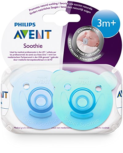 Philips Avent Soothie - Pack de 2 Chupetes calmantes de silicona médica, sin BPA, 3 meses, niño, color azul y verde