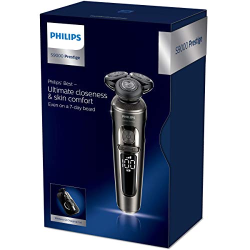 Philips Serie 9000 Prestige SP9860/16 - Afeitadora eléctrica para hombre con bandeja de carga Qi, sensor de densidad de barba, 3 modos, seco/húmedo, con perfilador de barba y funda premium, gris