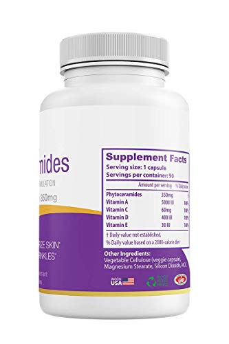 Phytoceramides, 350 Milligram, 90 Veggie Capsules with advanced Ceramides Formulation (3 months supply) Deep Skin Moisturizing, Plant Derived, GMO and Gluten Free - USA Made