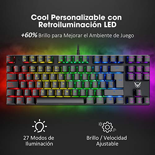 PICTEK Teclado Mecánico Switch Blue con Luz, Teclado Gaming Español LED Rainbow con Switch Azul, 87 Teclas Anti-Ghosting para PC/Mac con Windows - Negro