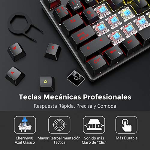 PICTEK Teclado Mecánico Switch Blue con Luz, Teclado Gaming Español LED Rainbow con Switch Azul, 87 Teclas Anti-Ghosting para PC/Mac con Windows - Negro