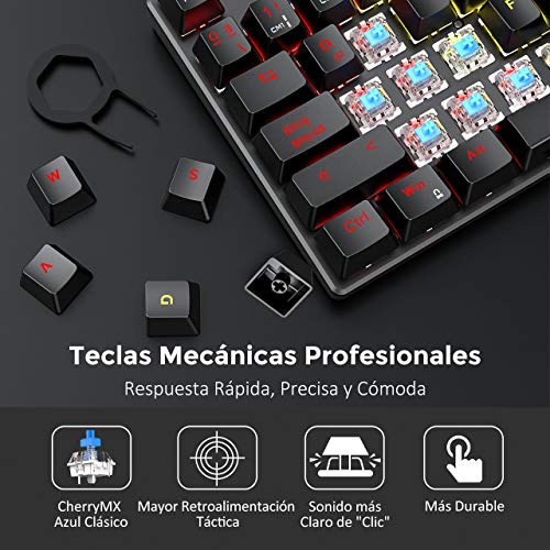 PICTEK Teclado Mecánico Switch Blue con Luz, Teclado Gaming Español LED Rainbow con Switch Azul, 87 Teclas Anti-Ghosting para PC/Mac con Windows - Negro