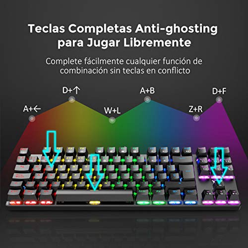 PICTEK Teclado Mecánico Switch Blue con Luz, Teclado Gaming Español LED Rainbow con Switch Azul, 87 Teclas Anti-Ghosting para PC/Mac con Windows - Negro