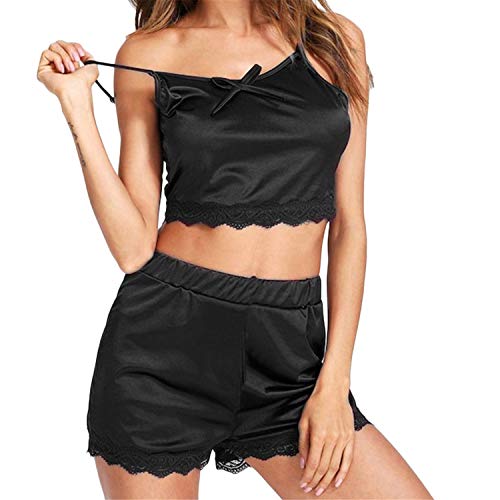 Pijama Conjunto Mujer Verano Camisola con Calzoncillos Ropa de Dormir Cuello V de Encaje Pestañas Transparente Chaleco con Tiras Dos Piezas Bata Sexy Vestido Interior Lencería (Vino Tinto,X-Large)