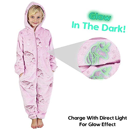 Pijama Unicornio Niña Onesie Pijamas Niñas Entero Brilla en la Oscuridad Glow in The Dark 3-14 ANS (9-10 años, Rosa)