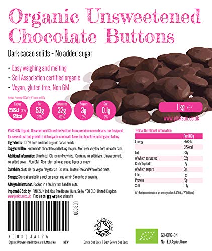 PINK SUN Chocolate sin Azúcar Orgánico 1kg (o 500g) 100% Masa de Cacao Para Cocinar Sólidos Puro Bio en Forma de Botón Pasta de Perú Organic Unsweetened Chocolate Buttons 1000g Bulk