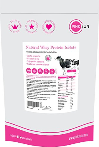 PINK SUN Natural Whey Aislado de Proteína de Suero 1kg Hierba Alimentada sin Hormonas Neutro sin Sabor sin Gluten sin Soja Whey Protein Isolate Powder (92% protein) Grass fed Unflavoured 1000g