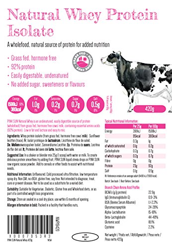 PINK SUN Natural Whey Aislado de Proteína de Suero 420g Hierba Alimentada sin Hormonas Neutro sin Sabor sin Gluten sin Soja Whey Protein Isolate Powder (92% protein) Grass fed Unflavoured
