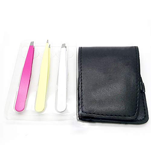 Pinkiou Pinzas de cejas Set pinzas de acero inoxidable, inclinación, recta, punta y ceja Razor con estuche negro