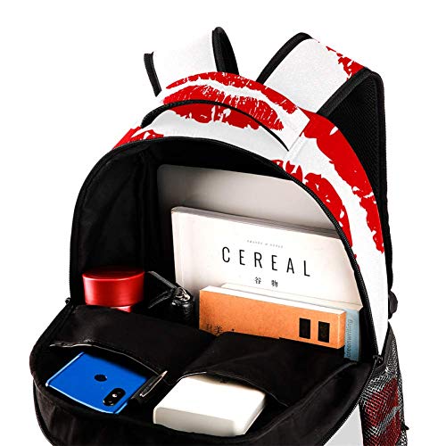 Pintalabios rojo mate con pintalabios de dibujos animados con lunares de viaje, mochila casual y duradera para hombres y mujeres, para trabajo, oficina, colegio, viajes, escuela, bolsa de libros