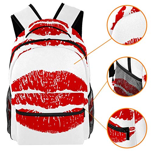 Pintalabios rojo mate con pintalabios de dibujos animados con lunares de viaje, mochila casual y duradera para hombres y mujeres, para trabajo, oficina, colegio, viajes, escuela, bolsa de libros