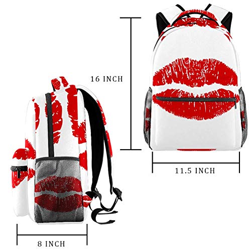 Pintalabios rojo mate con pintalabios de dibujos animados con lunares de viaje, mochila casual y duradera para hombres y mujeres, para trabajo, oficina, colegio, viajes, escuela, bolsa de libros