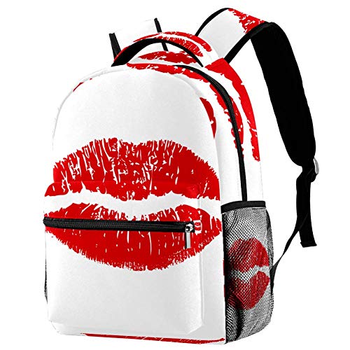 Pintalabios rojo mate con pintalabios de dibujos animados con lunares de viaje, mochila casual y duradera para hombres y mujeres, para trabajo, oficina, colegio, viajes, escuela, bolsa de libros