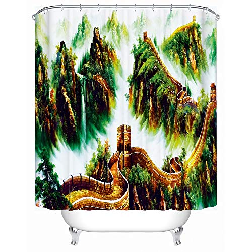 Pintura de paisaje de tinta tradicional china con gancho cuarto de ducha concepción artística en blanco y negro baño familiar cortina de ducha decorativa impermeable y a prueba de moho A10 180x180cm