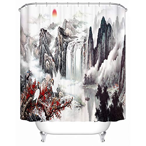 Pintura de paisaje de tinta tradicional china con gancho cuarto de ducha concepción artística en blanco y negro baño familiar cortina de ducha decorativa impermeable y a prueba de moho A10 180x180cm