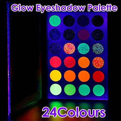 Pintura Que Brilla en la Oscuridad de 24 Colores, Paleta de Brillo de Sombra de Ojos de neón, Brillo UV, luz Negra Mate y Brillo, Kit de Maquillaje Altamente pigmentado, Fiesta de Halloween