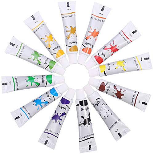 Pinturas Acrílicas, Acrylic Paint Set, tubos de Pinturas Acrílicas, El juego de acrílicos de para artistas, principiantes o niños, Set de 12, Viene con 2 pinceles