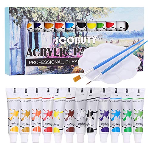 Pinturas Acrílicas, Acrylic Paint Set, tubos de Pinturas Acrílicas, El juego de acrílicos de para artistas, principiantes o niños, Set de 12, Viene con 2 pinceles