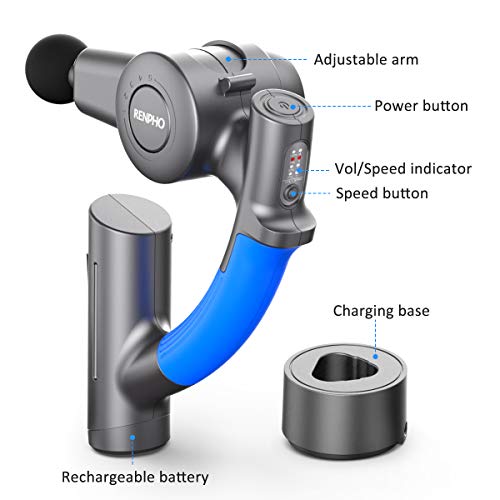Pistola de Masaje Muscular, RENPHO Masajeador de Percusión Profundo con Brazo Ajustable y 6 Cabezales de Masaje Masajeador Portátil Ligero para el Alivio de la Tensión Muscular