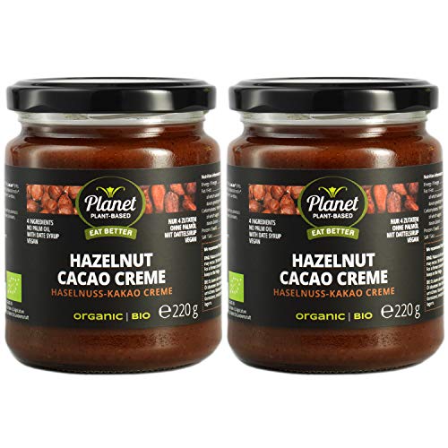 Planet Plant-Based Crema de Cacao y Avellanas Orgánica y Vegana - hecha de 4 ingredientes naturales - sin aditivos ni azúcar refinado - endulzada con jarabe de dátiles - 2 frascos (2x220g)