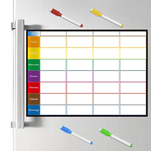 Planificador Semanal Tablero del Frigorífico (42x30cm) con 4 Colores Pluma para Pizarra- Pizarra Magnética en Español Utilizar como Planificador de Menús/de Actividades/Tabla de Tareas