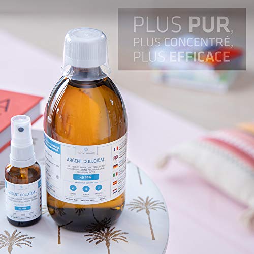 Plata Coloidal 40 PPM 500mL ● 100% natural ● Tapón dosificador Rociar para llenar ● Mayor Concentración partículas pequeñas mejores resultados ●  Solución certificada por 3 laboratorios