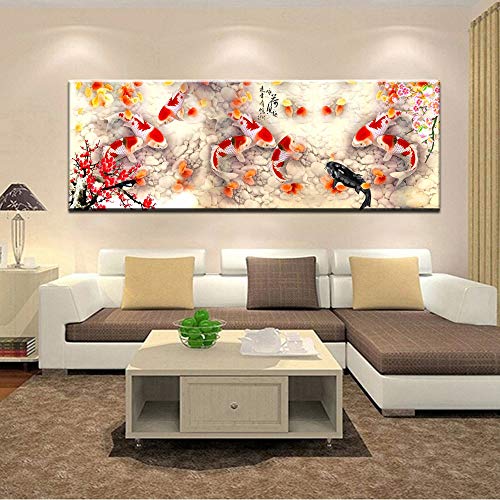 PLjVU Impresión en HD Flor de Cerezo koi Pescado Pintura Lienzo Pared Arte franquicia decoración del hogar impresión póster Cuadro Lienzo-Sin marco40X120cm