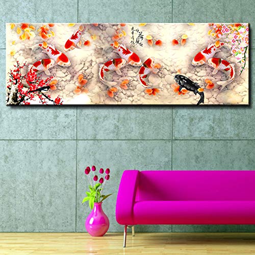 PLjVU Impresión en HD Flor de Cerezo koi Pescado Pintura Lienzo Pared Arte franquicia decoración del hogar impresión póster Cuadro Lienzo-Sin marco40X120cm