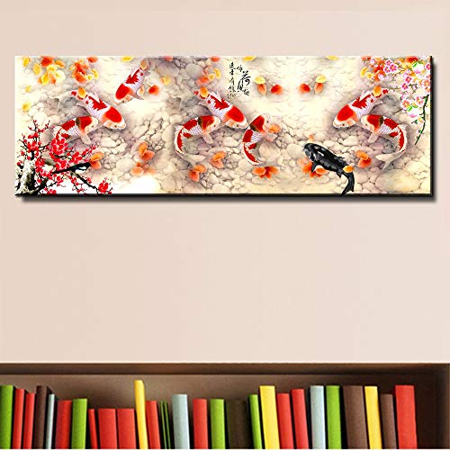 PLjVU Impresión en HD Flor de Cerezo koi Pescado Pintura Lienzo Pared Arte franquicia decoración del hogar impresión póster Cuadro Lienzo-Sin marco40X120cm
