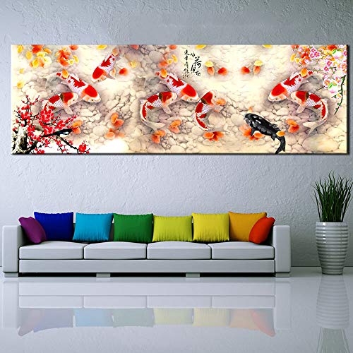 PLjVU Impresión en HD Flor de Cerezo koi Pescado Pintura Lienzo Pared Arte franquicia decoración del hogar impresión póster Cuadro Lienzo-Sin marco40X120cm