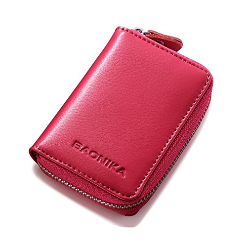 Portatarjetas de cuero genuino con monedero y espacio para 9 tarjetas (Rosa)