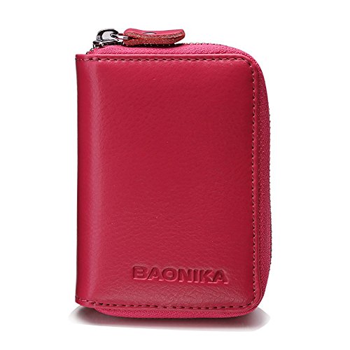 Portatarjetas de cuero genuino con monedero y espacio para 9 tarjetas (Rosa)