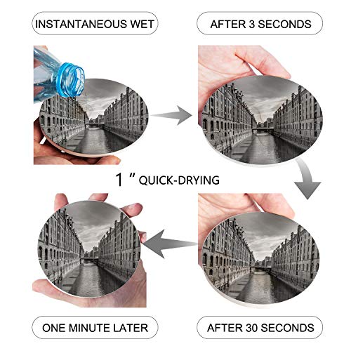 Posavasos de cerámica, diseño de edificio de Venecia, con piedra absorbente, de cerámica con parte trasera de corcho para tipos de tazas y tazas, posavasos de mesa redonda gris (juego de 4)