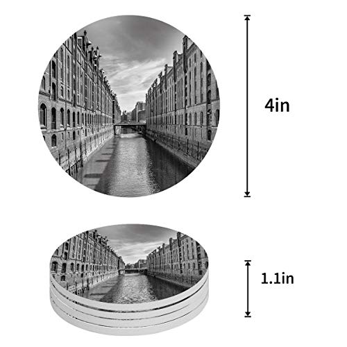 Posavasos de cerámica, diseño de edificio de Venecia, con piedra absorbente, de cerámica con parte trasera de corcho para tipos de tazas y tazas, posavasos de mesa redonda gris (juego de 4)