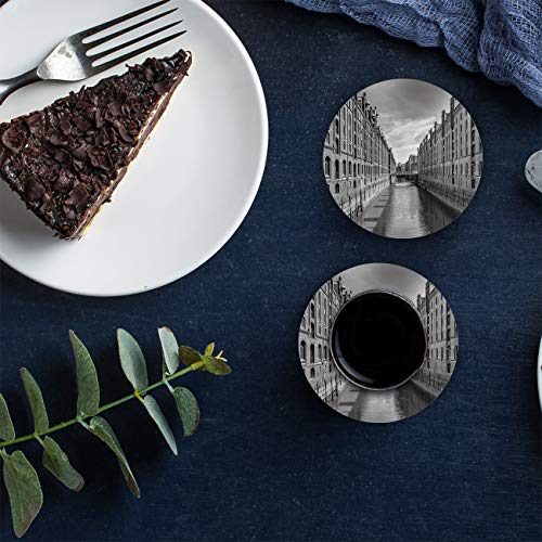 Posavasos de cerámica, diseño de edificio de Venecia, con piedra absorbente, de cerámica con parte trasera de corcho para tipos de tazas y tazas, posavasos de mesa redonda gris (juego de 4)