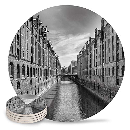 Posavasos de cerámica, diseño de edificio de Venecia, con piedra absorbente, de cerámica con parte trasera de corcho para tipos de tazas y tazas, posavasos de mesa redonda gris (juego de 4)