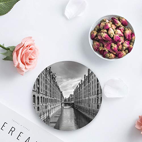 Posavasos de cerámica, diseño de edificio de Venecia, con piedra absorbente, de cerámica con parte trasera de corcho para tipos de tazas y tazas, posavasos de mesa redonda gris (juego de 4)